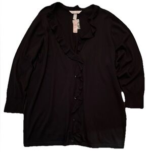 Cacique Cardigan Plus Size 26 Black Button Front Ruffle Trim Knit Lightweight